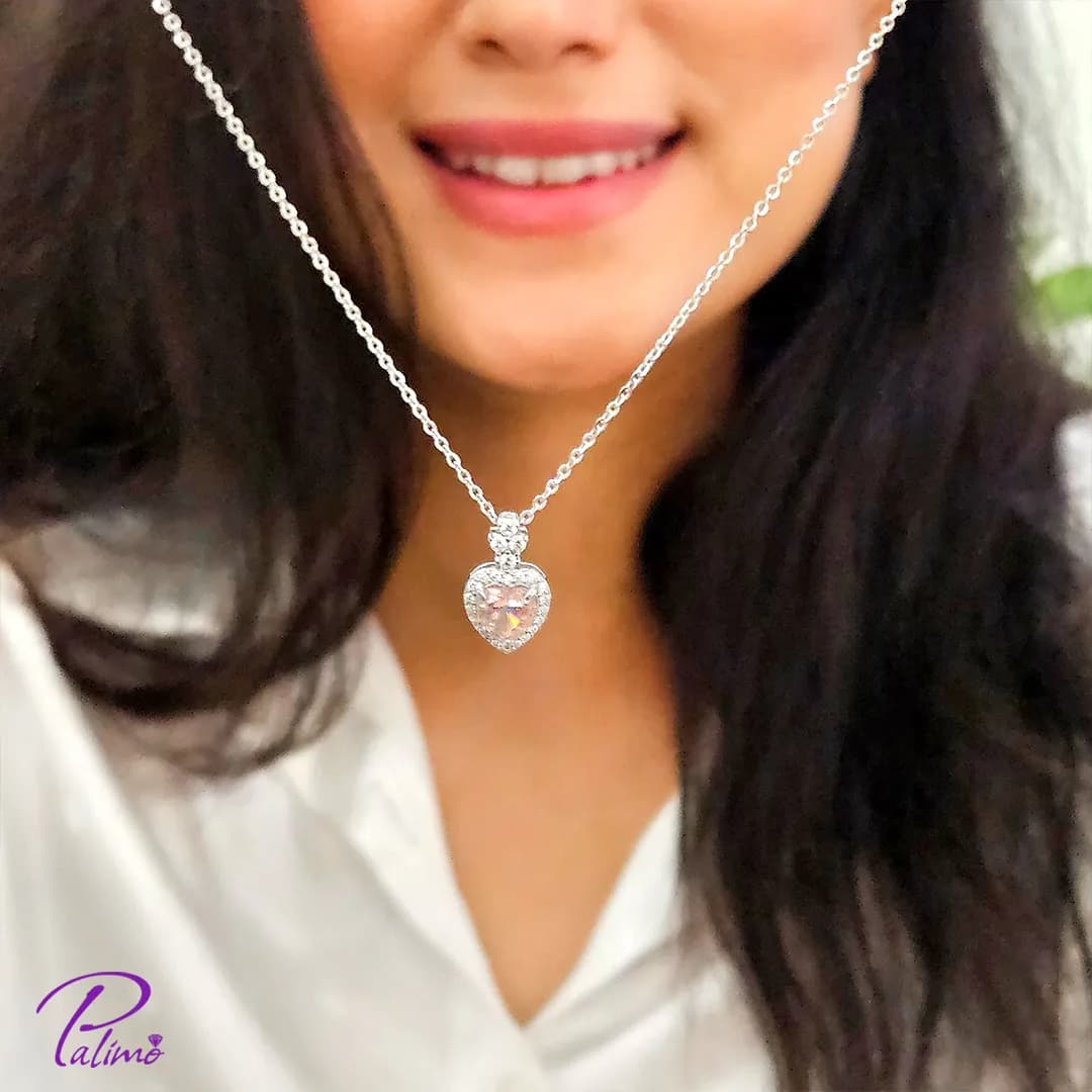 گردنبند نقره قلب صورتی کد N2255 با روکش طلا سفید — تصویر ۳