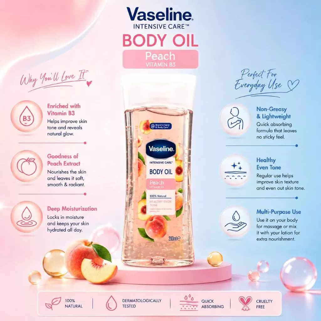 روغن بدن وازلین مدل Peach Vitamin B3 Healthy Even Tone حجم 200 میلی لیتر — تصویر ۳