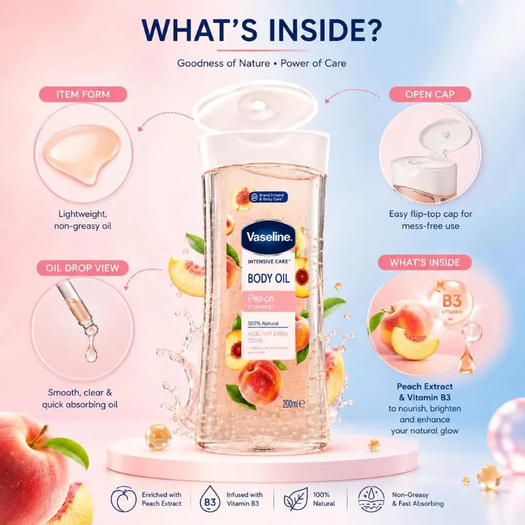 روغن بدن وازلین مدل Peach Vitamin B3 Healthy Even Tone حجم 200 میلی لیتر — تصویر ۵