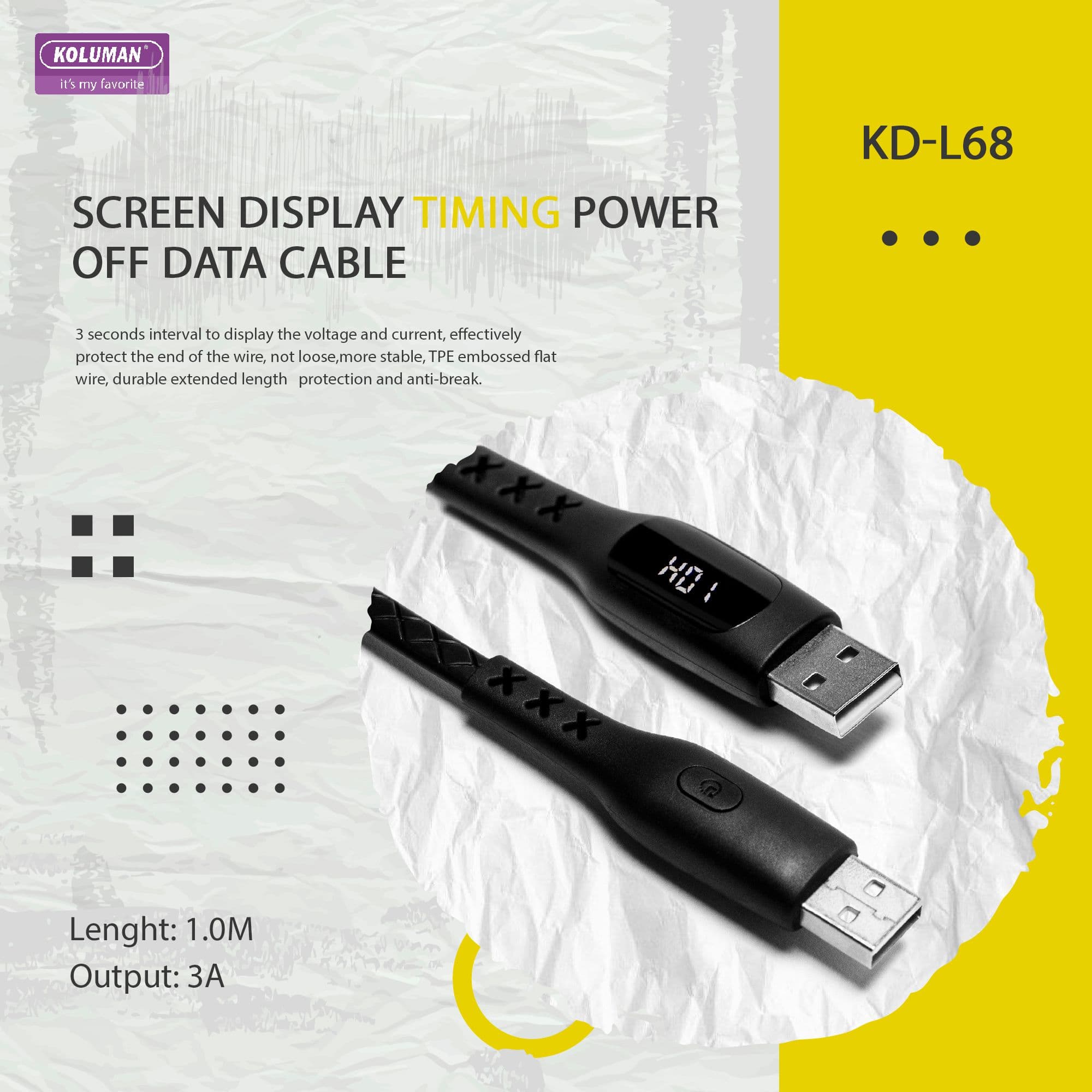 کابل تبدیل USB به USB -C کلومن مدل KD-L68 طول 1 متر مشکی — تصویر ۲