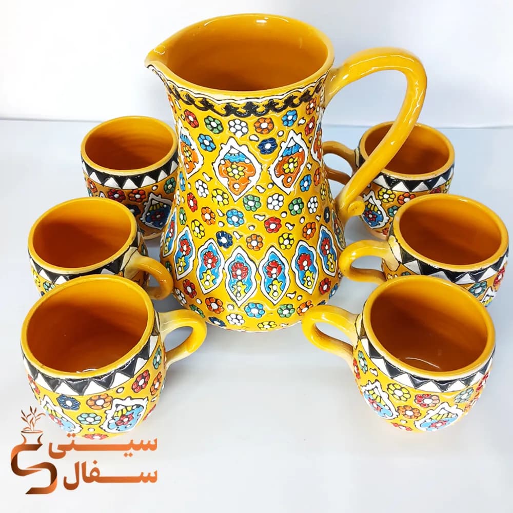 ست پارچ و لیوان میناکاری زرد خردلی سفالی (لعاب کورهای اصل و قابل استفاده روزمره)
