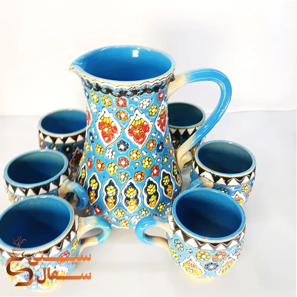ست پارچ و لیوان میناکاری آبی سفالی (لعاب کورهای اصل و قابل استفاده روزمره) — تصویر ۲
