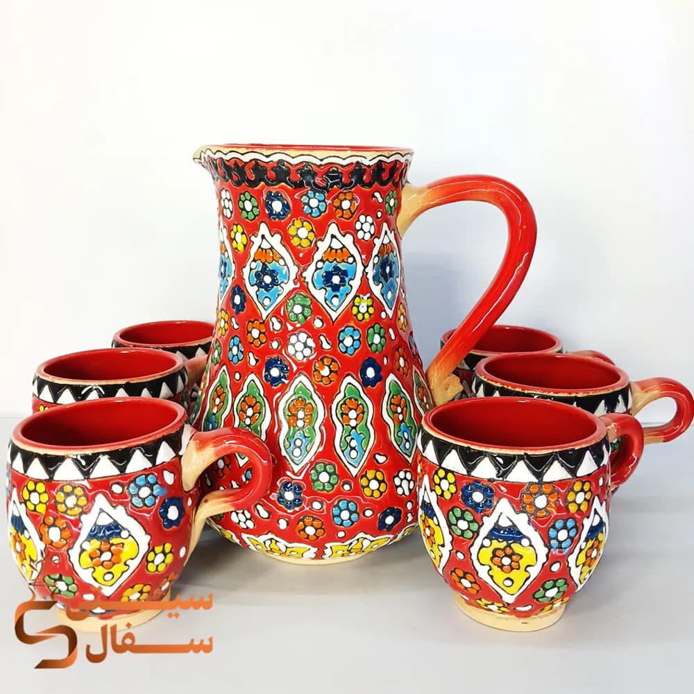 ست پارچ و لیوان میناکاری سفالی سرخ (لعاب کورهای اصل و قابل استفاده روزمره) — تصویر ۲