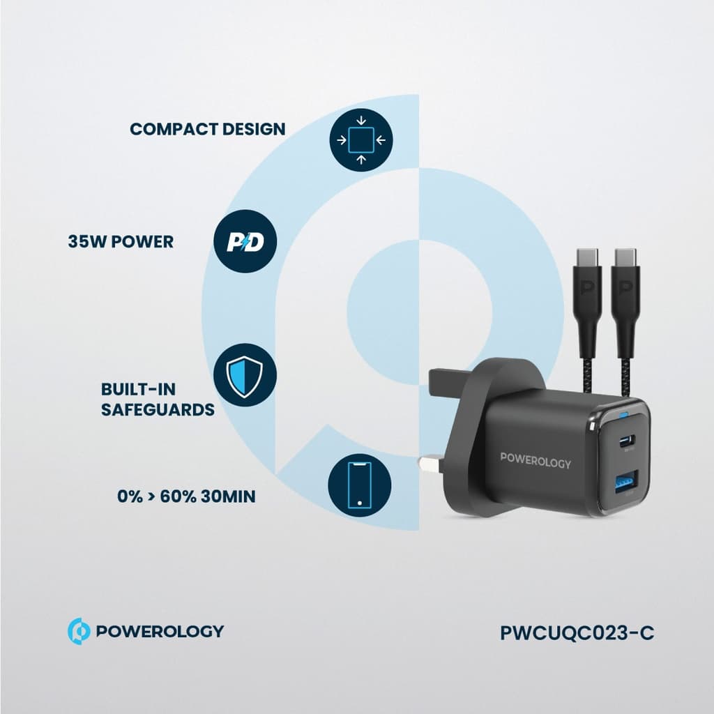 شارژر دیواری پاورولوژی مدل Powerology 35W PD QC GaN Charger PWCUQC023-C | شارژر 35 وات دو پورت USB-C و USB-A با کابل 60 وات — تصویر ۶