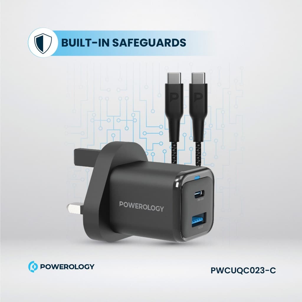 شارژر دیواری پاورولوژی مدل Powerology 35W PD QC GaN Charger PWCUQC023-C | شارژر 35 وات دو پورت USB-C و USB-A با کابل 60 وات — تصویر ۵
