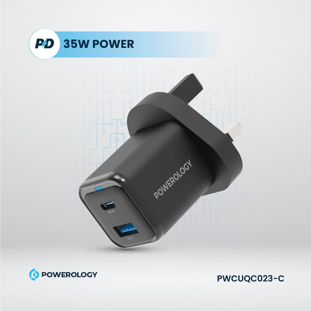 شارژر دیواری پاورولوژی مدل Powerology 35W PD QC GaN Charger PWCUQC023-C | شارژر 35 وات دو پورت USB-C و USB-A با کابل 60 وات — تصویر ۳
