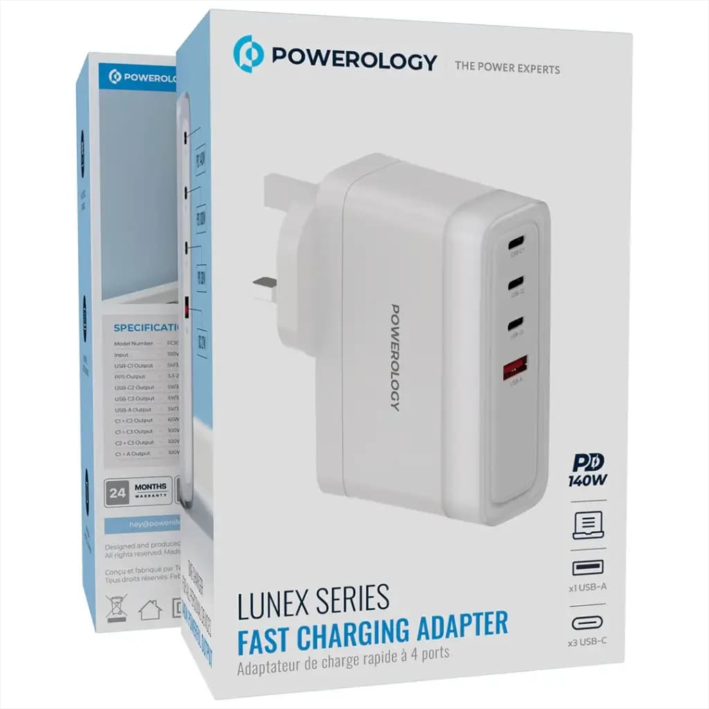 شارژر دیواری پاورولوژی مدل Powerology Lunex Series Fast Charging Adapter PD 140W PWFC1030BWH | شارژر 4 پورت USB-C PD 3.1 — تصویر ۲