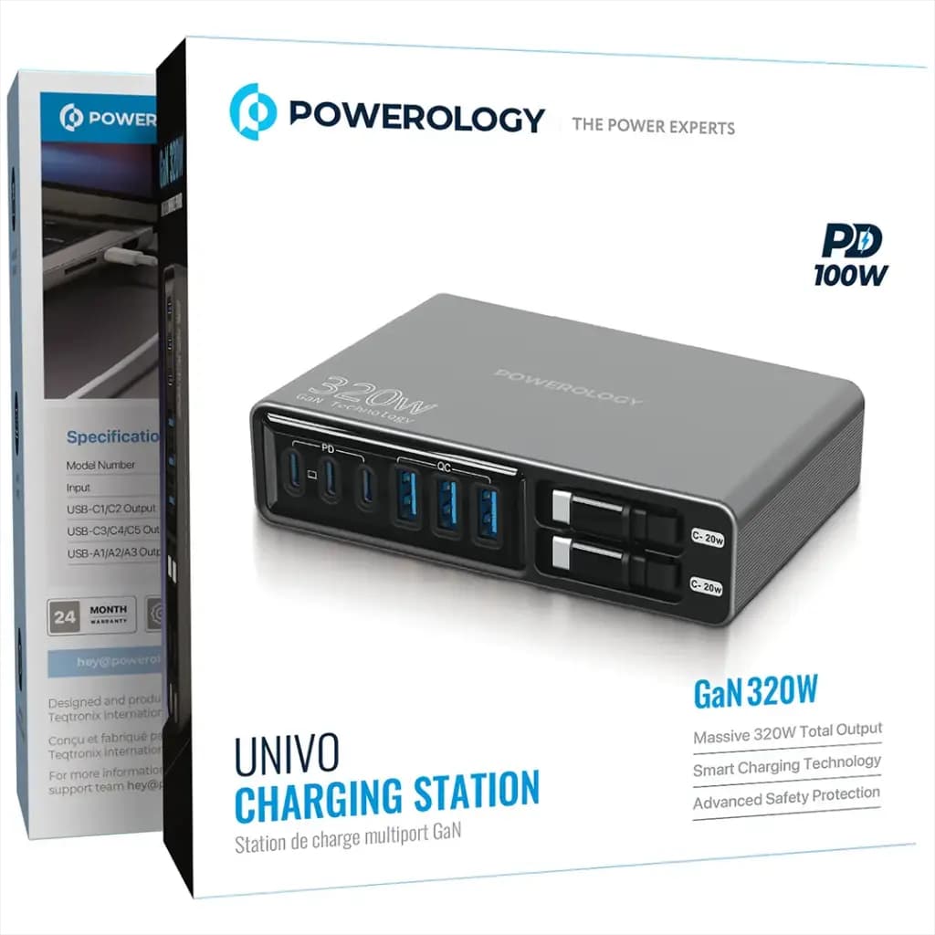شارژر رومیزی پاورولوژی مدل Powerology Univo Charging Station PWCUQC049BK | توان 320 وات با 8 پورت و PD 100W GaN — تصویر ۲