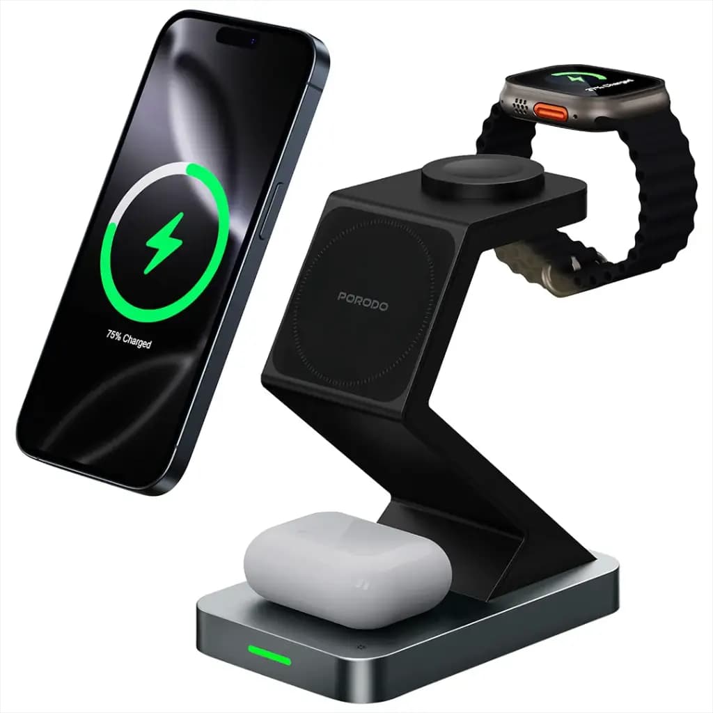 شارژر بیسیم 4 در 1 پرودو مدل Porodo PowerDock PDXHX3BK | شارژر وایرلس 15 وات با چراغ خواب و پایه 360 درجه