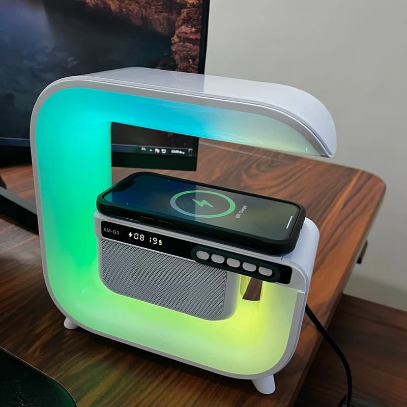 اسپیکر بلوتوثی و شارژر وایرلس و چراغ RGB LED مدل HM-G3 — تصویر ۶