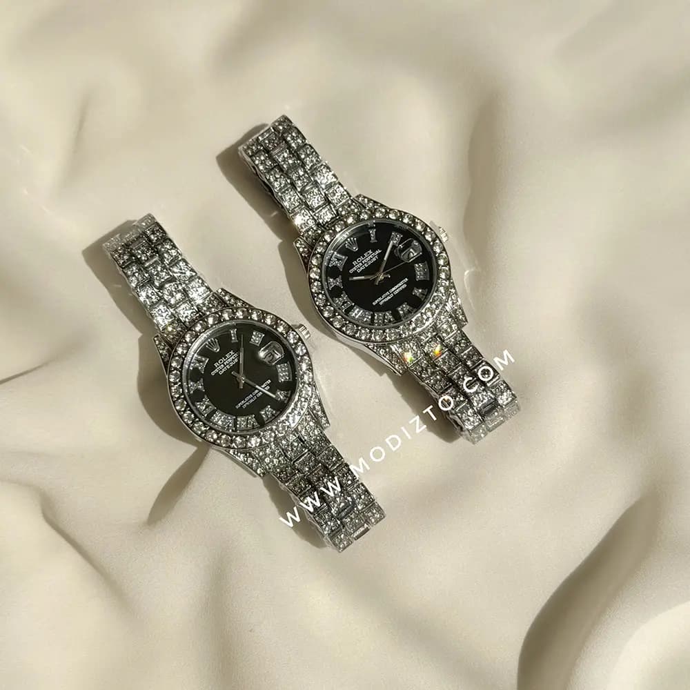 ساعت مچی زنانه طرح رولکس Rolex فول نگین صفحه مشکی