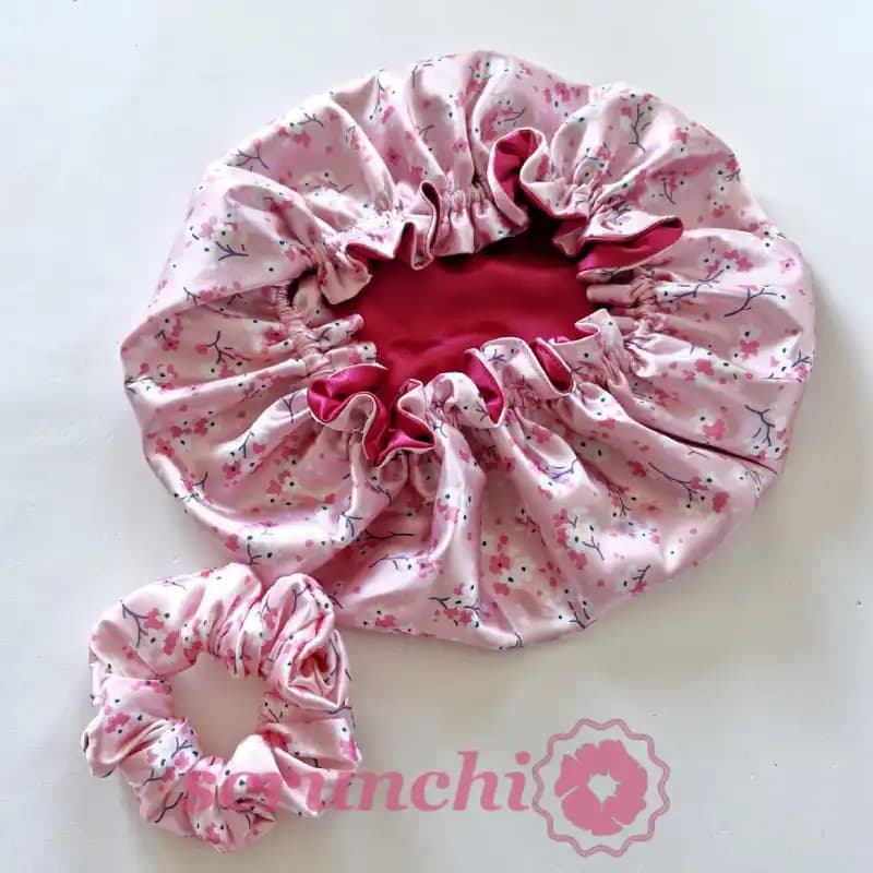 کلاه خواب ساتن ابریشم دورو طرح بهاری صورتی و سرخابی