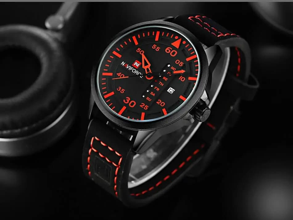 ساعت مردانه نویفورس naviforce بند چرمی فول تاریخ قرمز — تصویر ۳