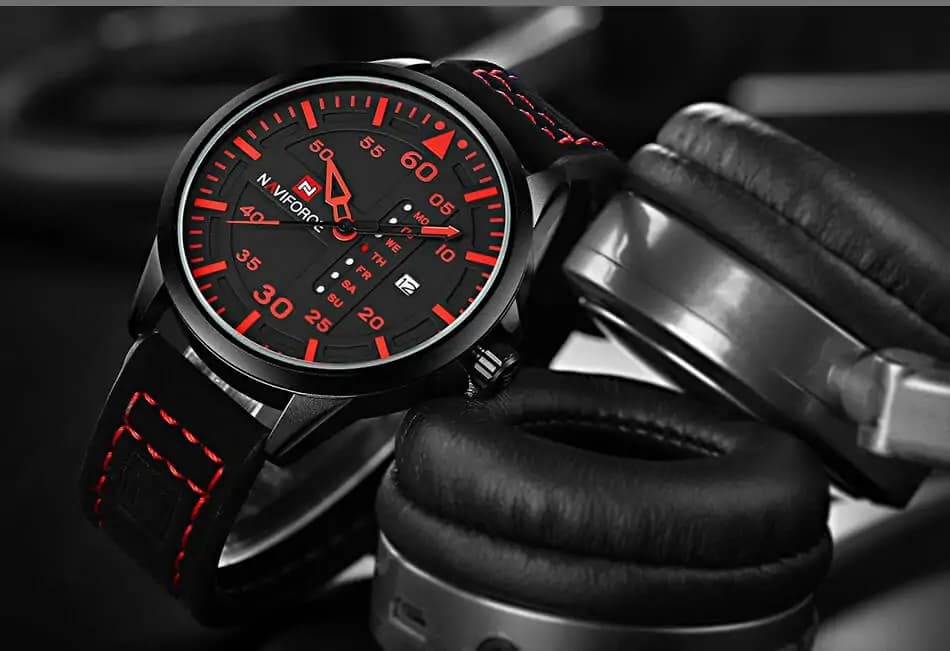 ساعت مردانه نویفورس naviforce بند چرمی فول تاریخ قرمز — تصویر ۴