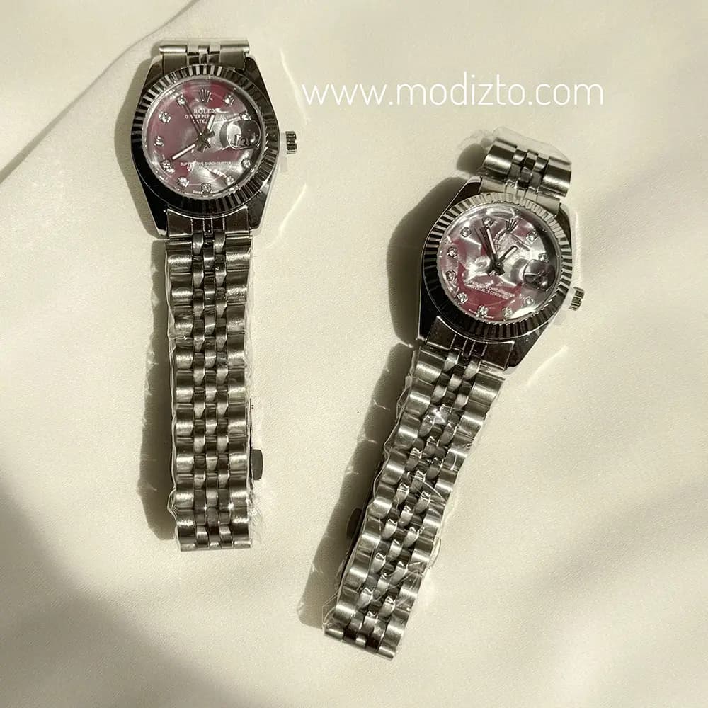 ساعت مچی زنانه طرح رولکس Rolex صفحه صدفی زرشکی مدل Date just — تصویر ۴