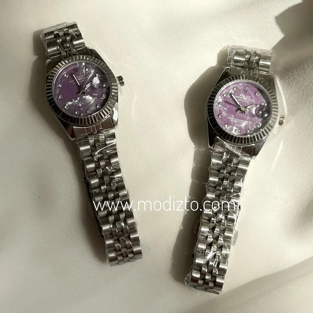 ساعت مچی زنانه طرح رولکس Rolex صفحه صدفی بنفش مدل Date just — تصویر ۴