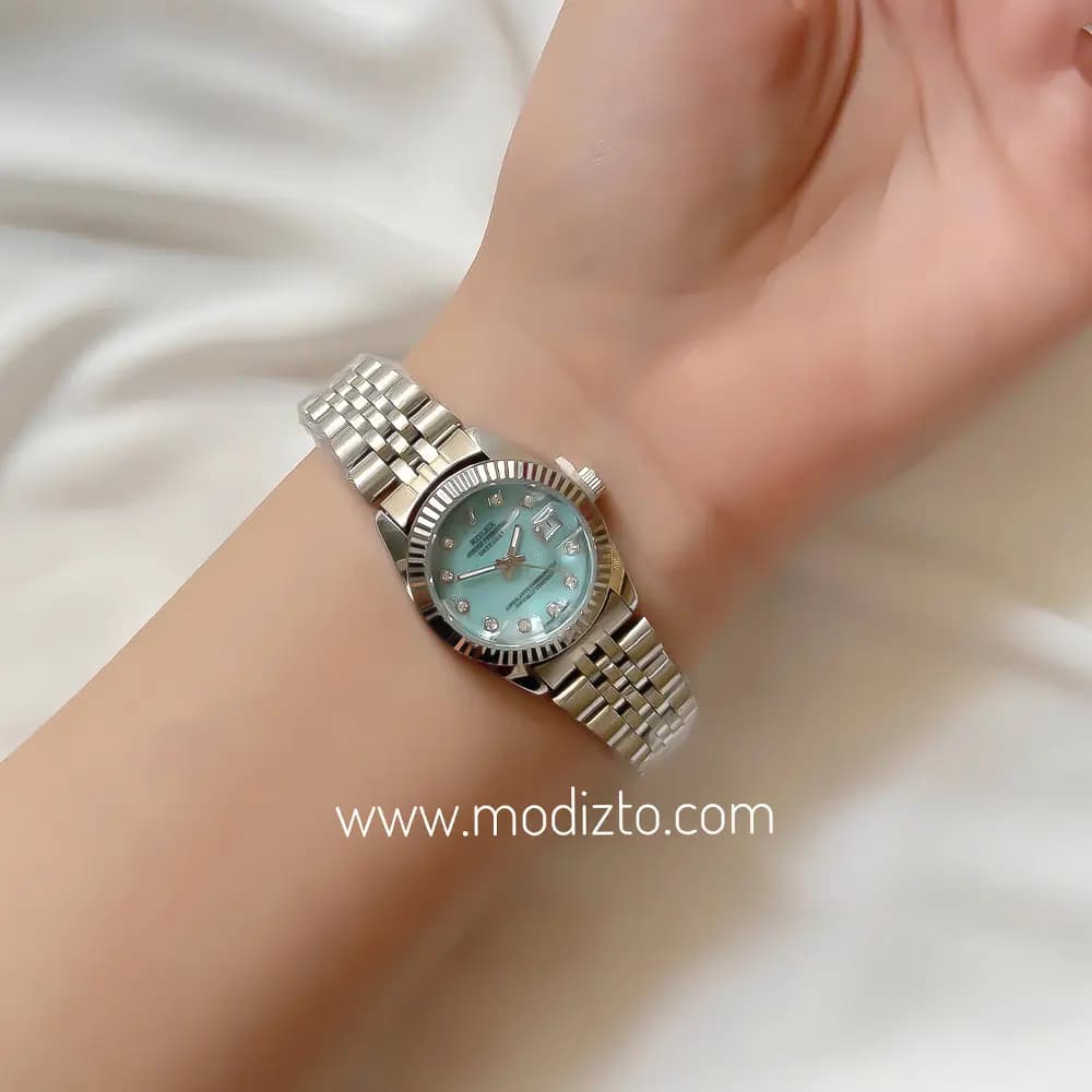 ساعت مچی زنانه طرح رولکس Rolex صفحه صدفی آبی تیفانی مدل Date just — تصویر ۲