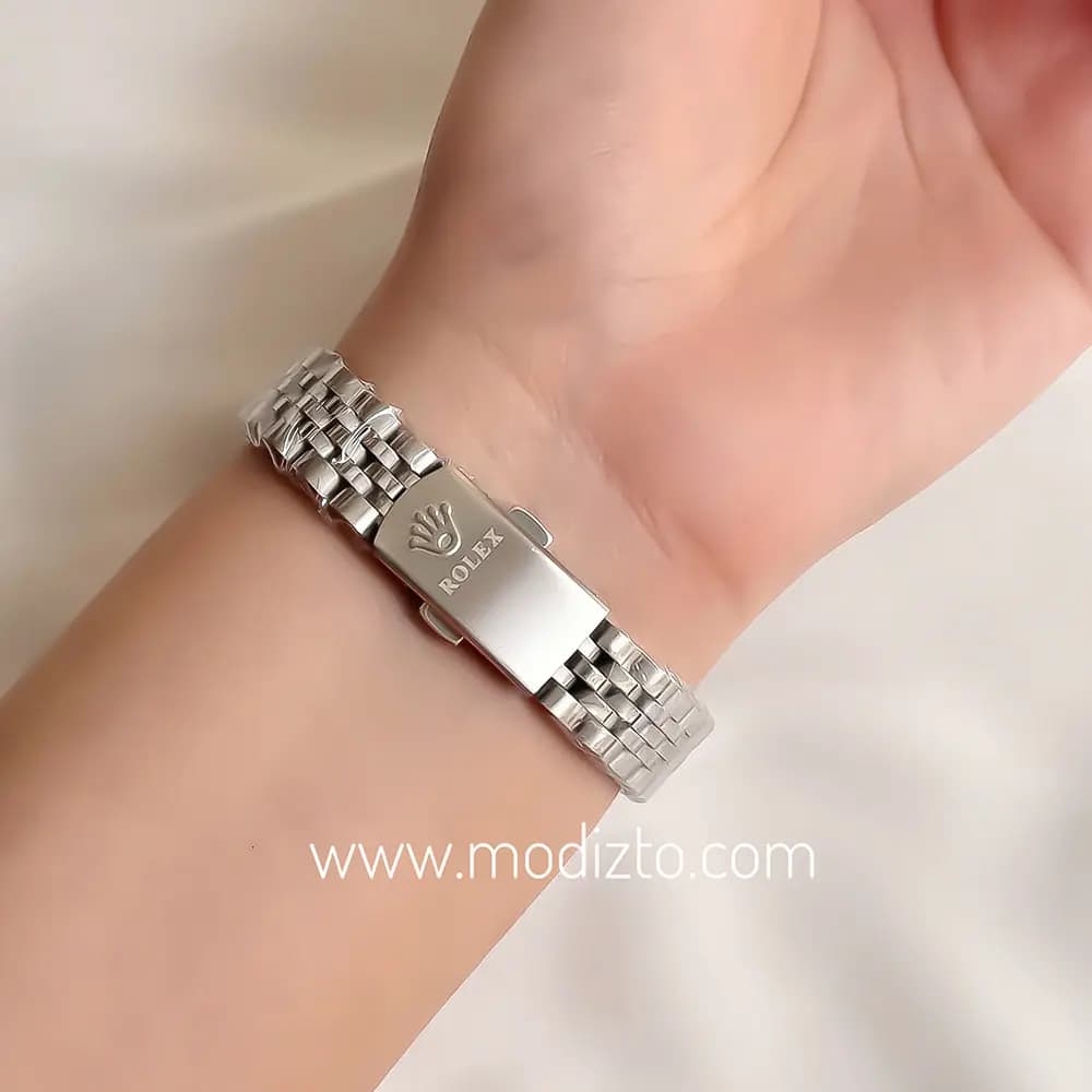 ساعت مچی زنانه طرح رولکس Rolex صفحه صدفی آبی تیفانی مدل Date just — تصویر ۳