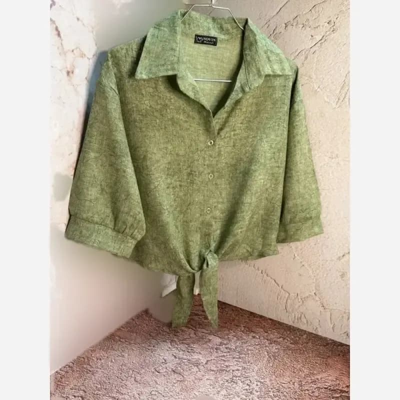 شومیز گره ای زنانه رگه دار مدل جدید عیدانه آبی طوسی سایز 38 تا 42 — تصویر ۵