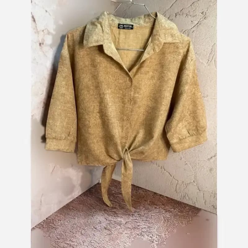 شومیز گره ای زنانه رگه دار مدل جدید عیدانه آبی طوسی سایز 38 تا 42 — تصویر ۷