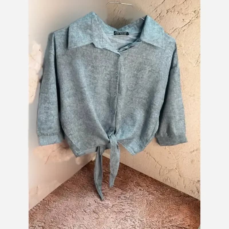 شومیز گره ای زنانه رگه دار مدل جدید عیدانه آبی طوسی سایز 38 تا 42 — تصویر ۲