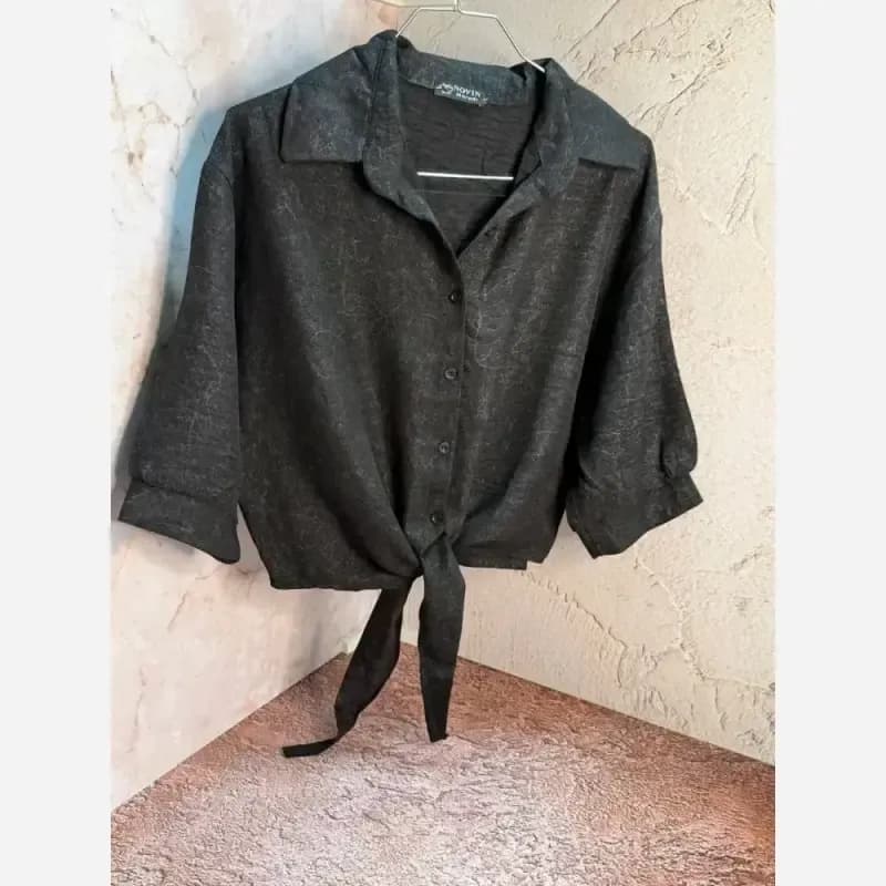 شومیز گره ای زنانه رگه دار مدل جدید عیدانه آبی طوسی سایز 38 تا 42 — تصویر ۴