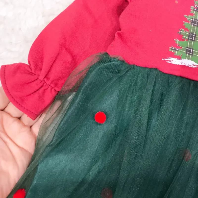 پیراهن نوزادی دخترانه ست یلدایی مجلسی کریسمس جنس دورس ملانژ تور ساتن مناسب شش ماه تا سه سال — تصویر ۴