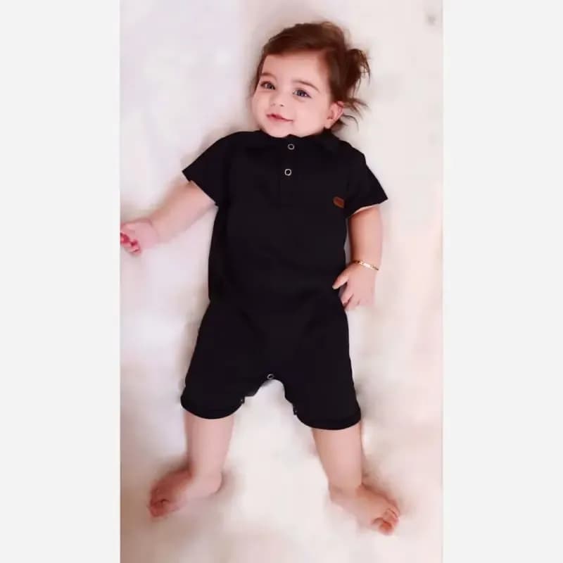 رامپر مشکی نوزادی پسرانه یقه دار سرهمی نخی پنبه نرم سایز 1 تا 18 ماه — تصویر ۴