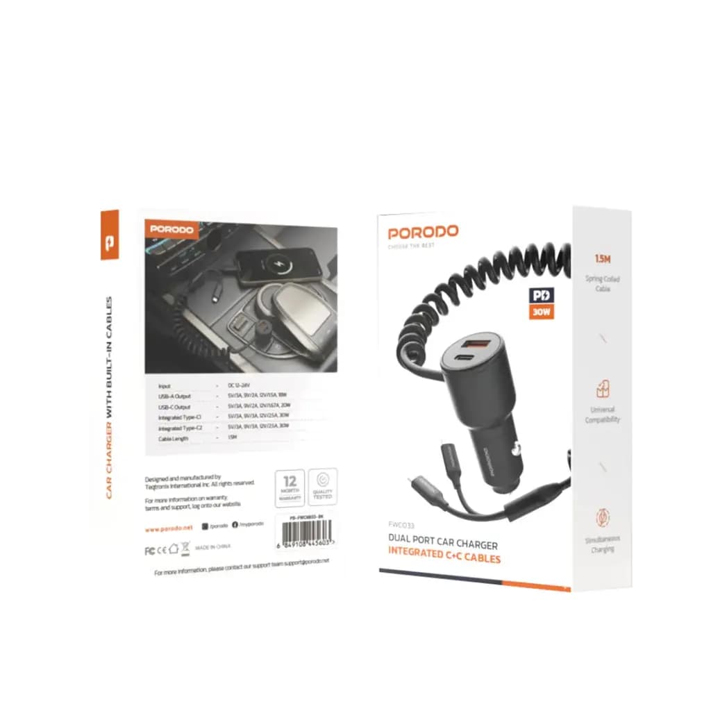 شارژر فندکی 2پورت یک پورتPD فست دارای کابل متصل فنری Porodo integrated C+C cables fwc033 — تصویر ۵