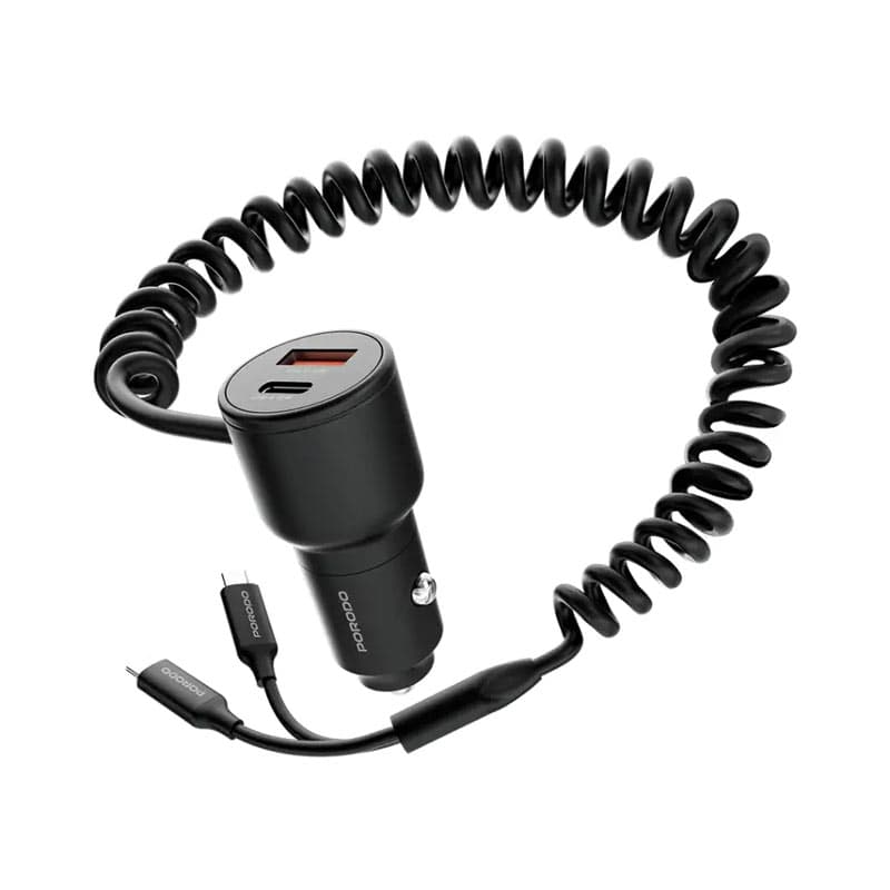 شارژر فندکی 2پورت یک پورتPD فست دارای کابل متصل فنری Porodo integrated C+C cables fwc033 — تصویر ۳