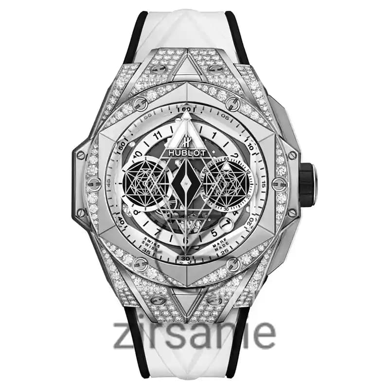 ساعت مچی مردانه هابلوت کهکشانی فول نگین سیلور سفید Hublot Big Bang SANG BLEU II Full Daimand Silver White
