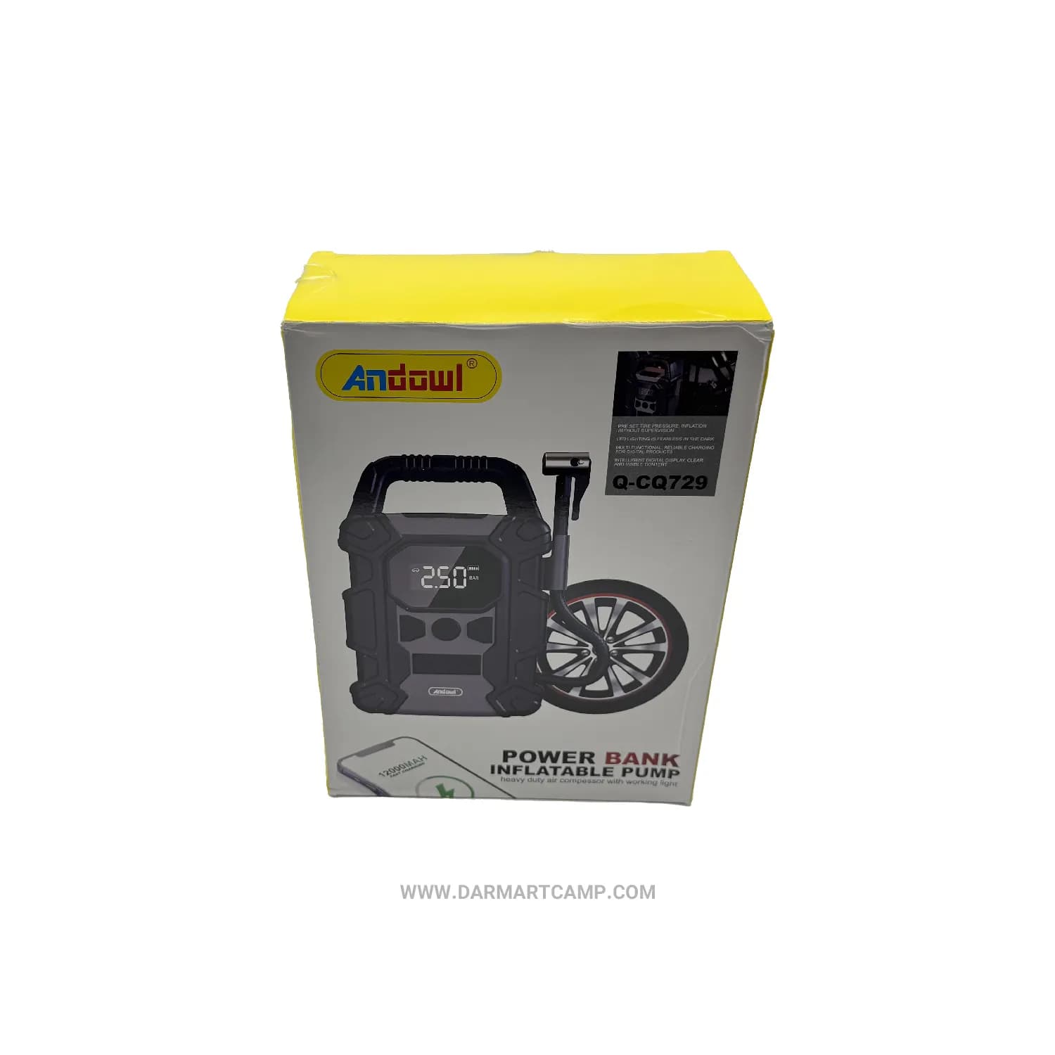 پمپ باد شارژی و پاوربانک Andowl Q-CQ729 با باتری ۱۲۰۰۰mAh، نمایشگر دیجیتال و قابلیت فشار بالا — تصویر ۲