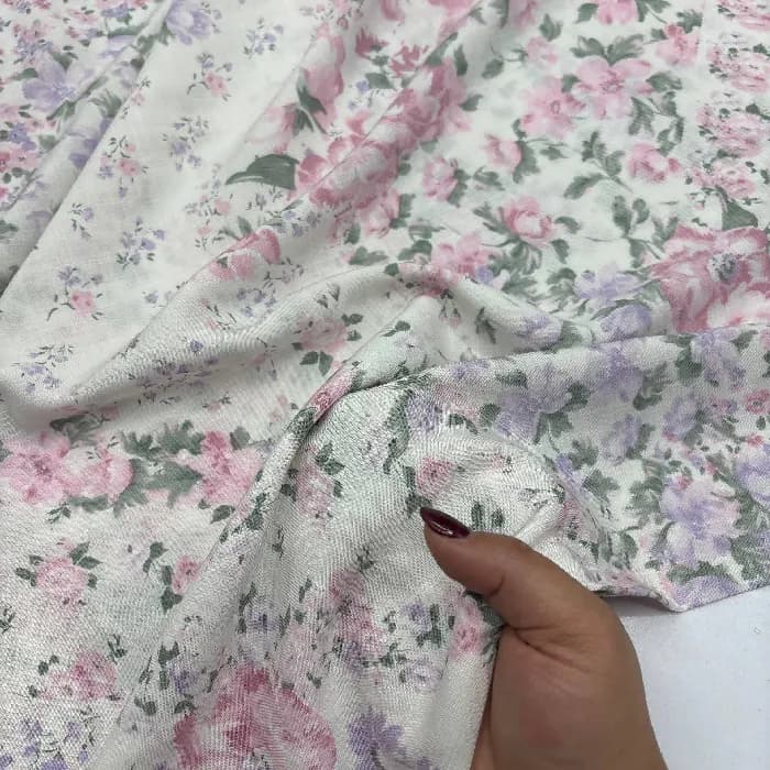 کرپ نخ گرم بالا گلدار رنگ صورتی روشن و یاسی — تصویر ۲