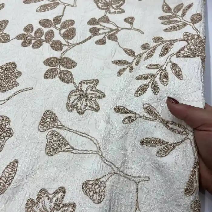 پارچه ژاکارد ترک گلدوزی گل اپلیکه رنگ سفید