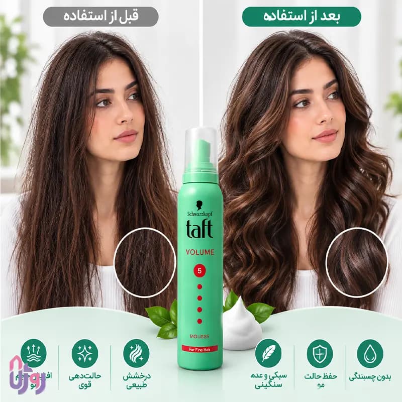 اسپری حالتدهنده مو شوارتسکف تافت Schwarzkopf Taft مدل موس حجمدهنده مو Volume Mousse با قدرت نگهداری 5 Hold Level حجم 150میل — تصویر ۵