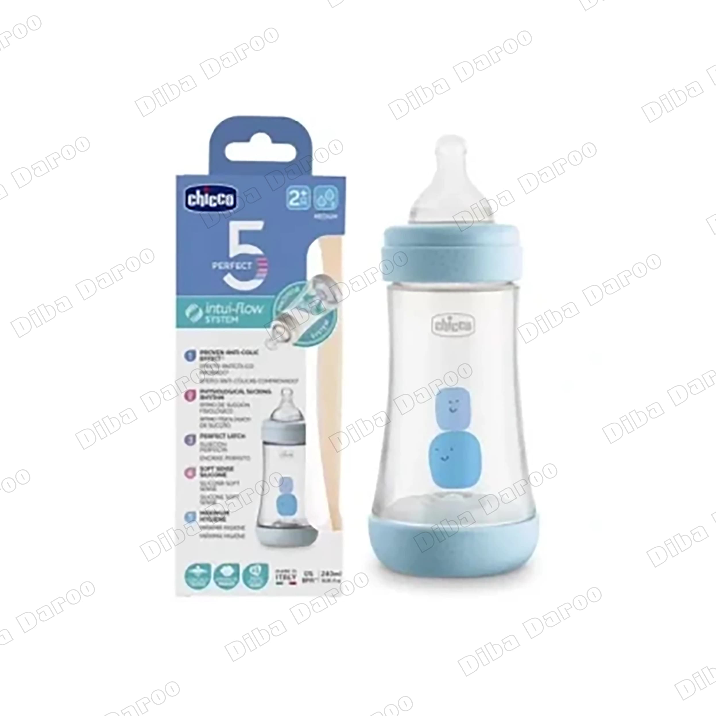 شیشه شیر ضد نفخ پرفکت 5 چیکو مناسب نوزادان از 2ماهگی 240 میلی لیتر رنگ آبی