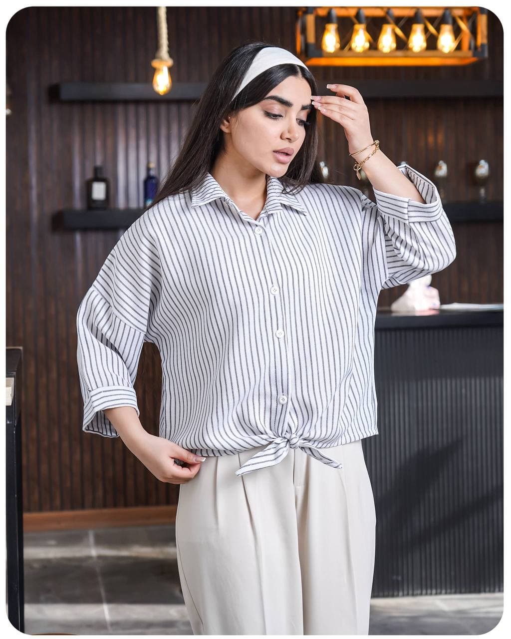 شومیز لنین زارا یقه مراکشی گره ای خط ریز – کد 79 — تصویر ۲