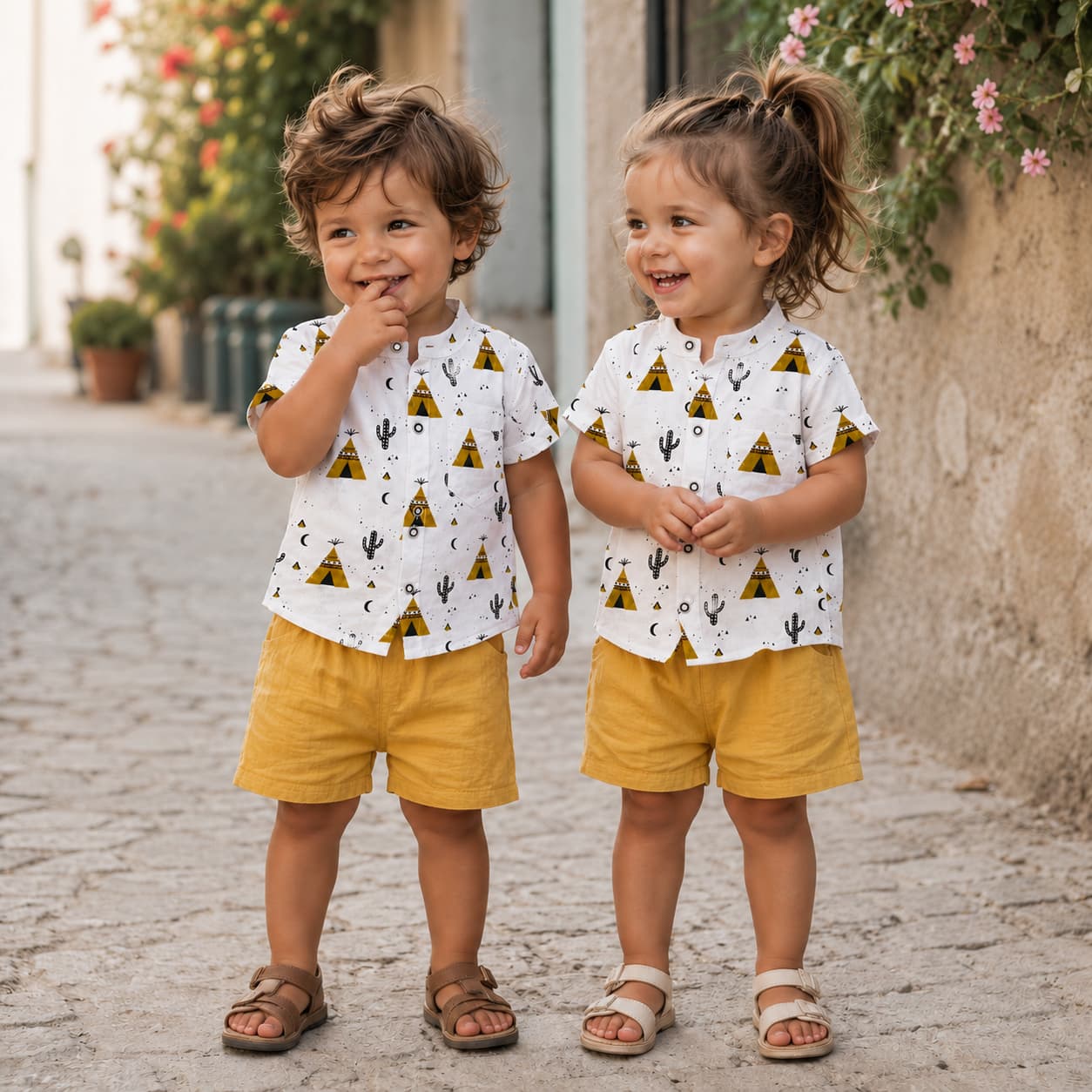 پیراهن شلوارک لینن بچگانه وارداتی | اسپرت طرح سرخپوستی،خنک و راحت — تصویر ۲