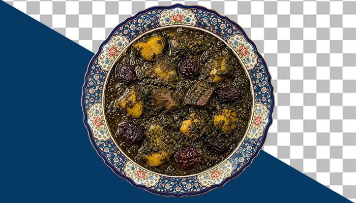 عکس دوربری شده خورش آلو اسفناج مجلسی در بشقاب سنتی PNG بدون پس زمینه