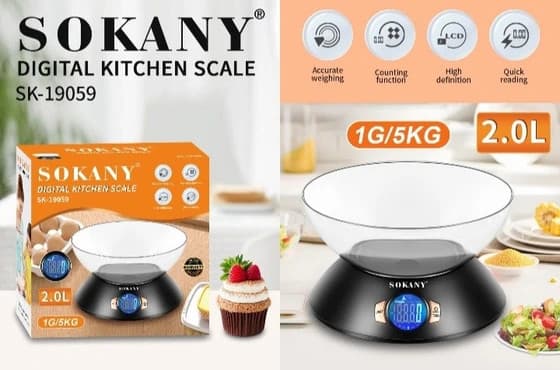 ترازوی دیجیتال آشپزخانه سوکانی مدل SK-19059 | کاسه 2 لیتری | دقت 1 گرم تا 5 کیلوگرم — تصویر ۲
