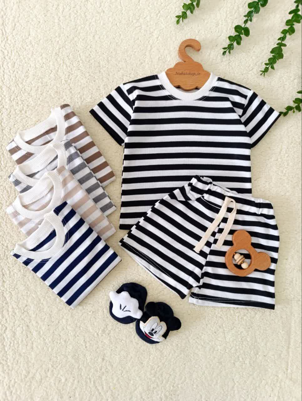 ست تیشرت شلوارک بچگانه پنبه ای راه راه سایز 1 تا 3