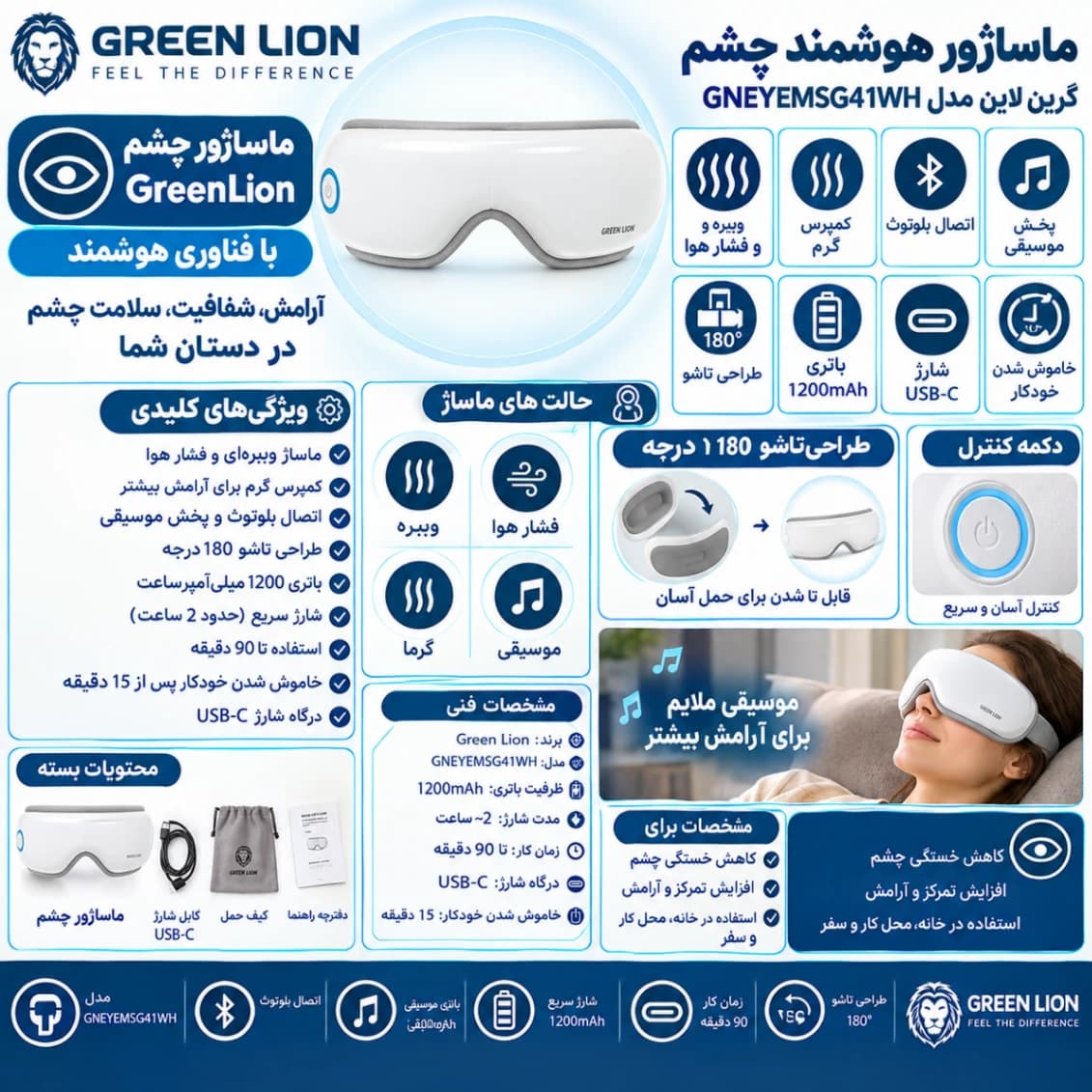 ماساژور هوشمند چشم گرین لاین Greenlion مدل GNEYEMSG41WH با بلوتوث و کمپرس گرم — تصویر ۲