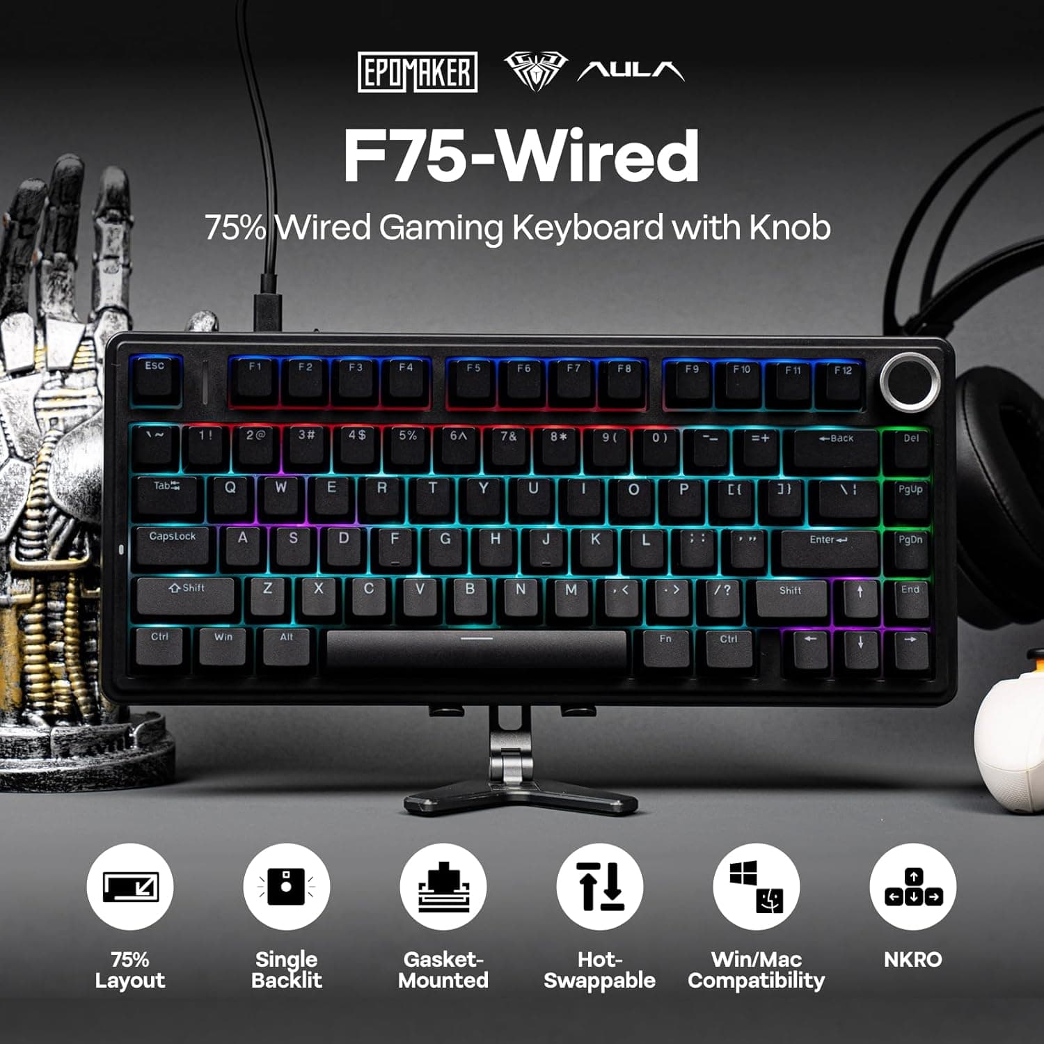 کیبورد گیمینگ مکانیکال با سیم سوئیچ قرمز آئولا با نور پردازی RGB مدل AULA WIND F75 — تصویر ۳