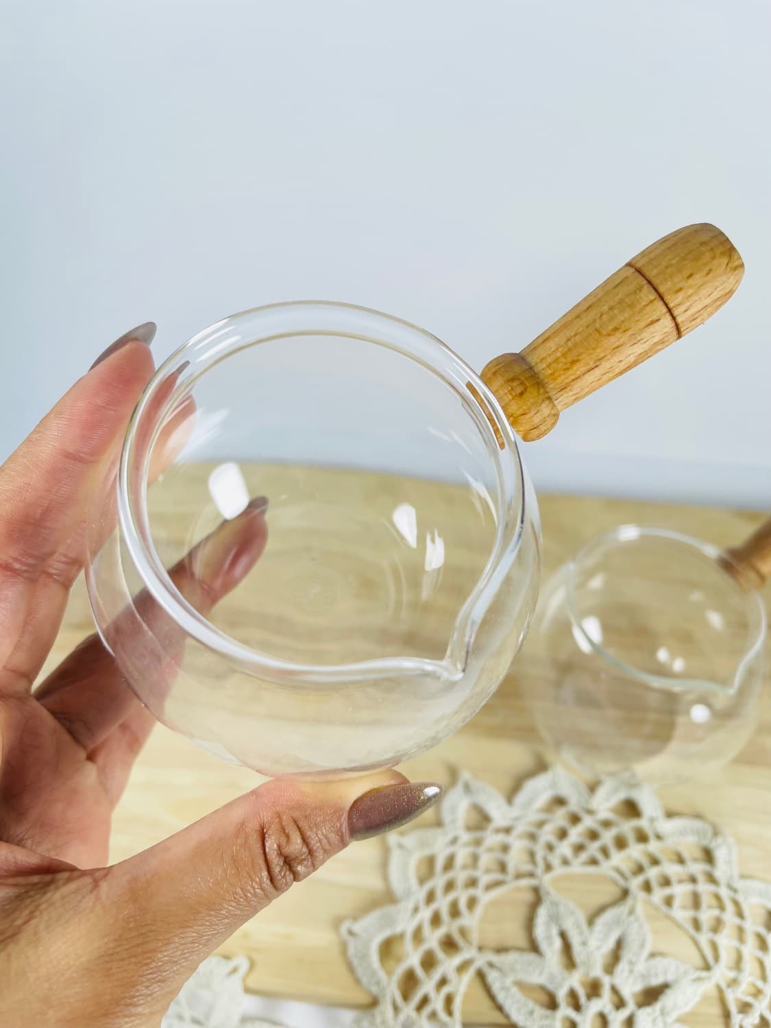 سس خوری پیرکس شفاف دسته چوبی وارداتی — تصویر ۲
