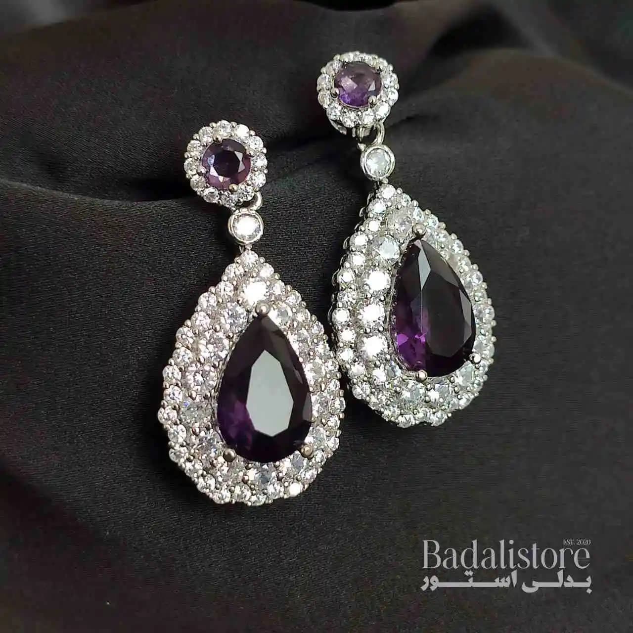 گوشواره جواهری عروس مجلسی نگین دار بنفش کد 10190
