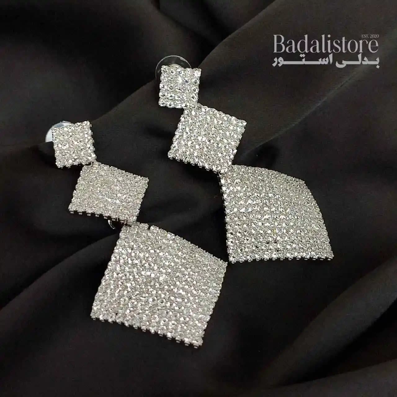 گوشواره جواهری عروس مجلسی بزرگ مدل مربعی کد 10186