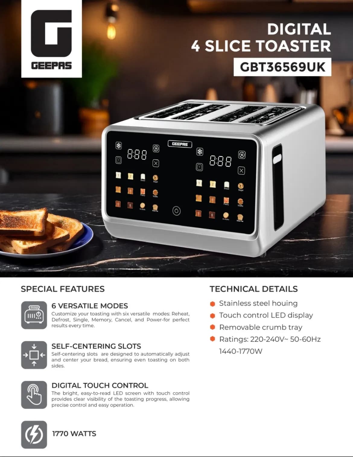 توستر نان جیپاس مدل GBT36569UK ظرفیت ۴ اسلایس — تصویر ۲
