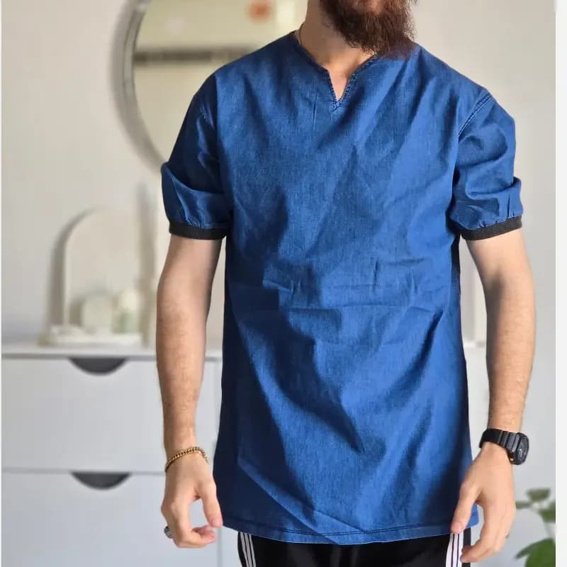 تیشرت مردانه یقه کوبایی لی کاغذی آستین کش رنگ آبی و ذغالی — تصویر ۶