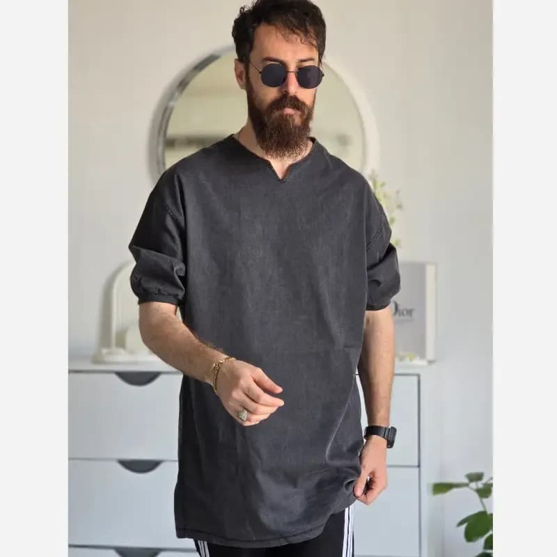 تیشرت مردانه یقه کوبایی لی کاغذی آستین کش رنگ آبی و ذغالی — تصویر ۳