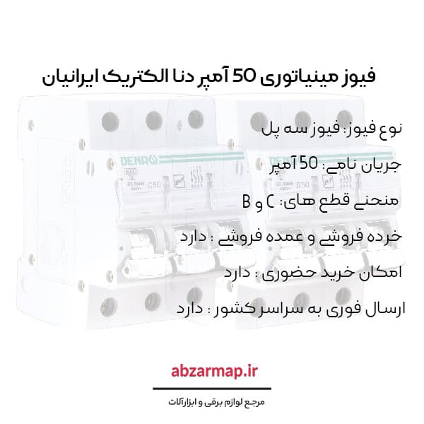 فیوز مینیاتوری سه پل 50 آمپر دنا الکتریک — تصویر ۴